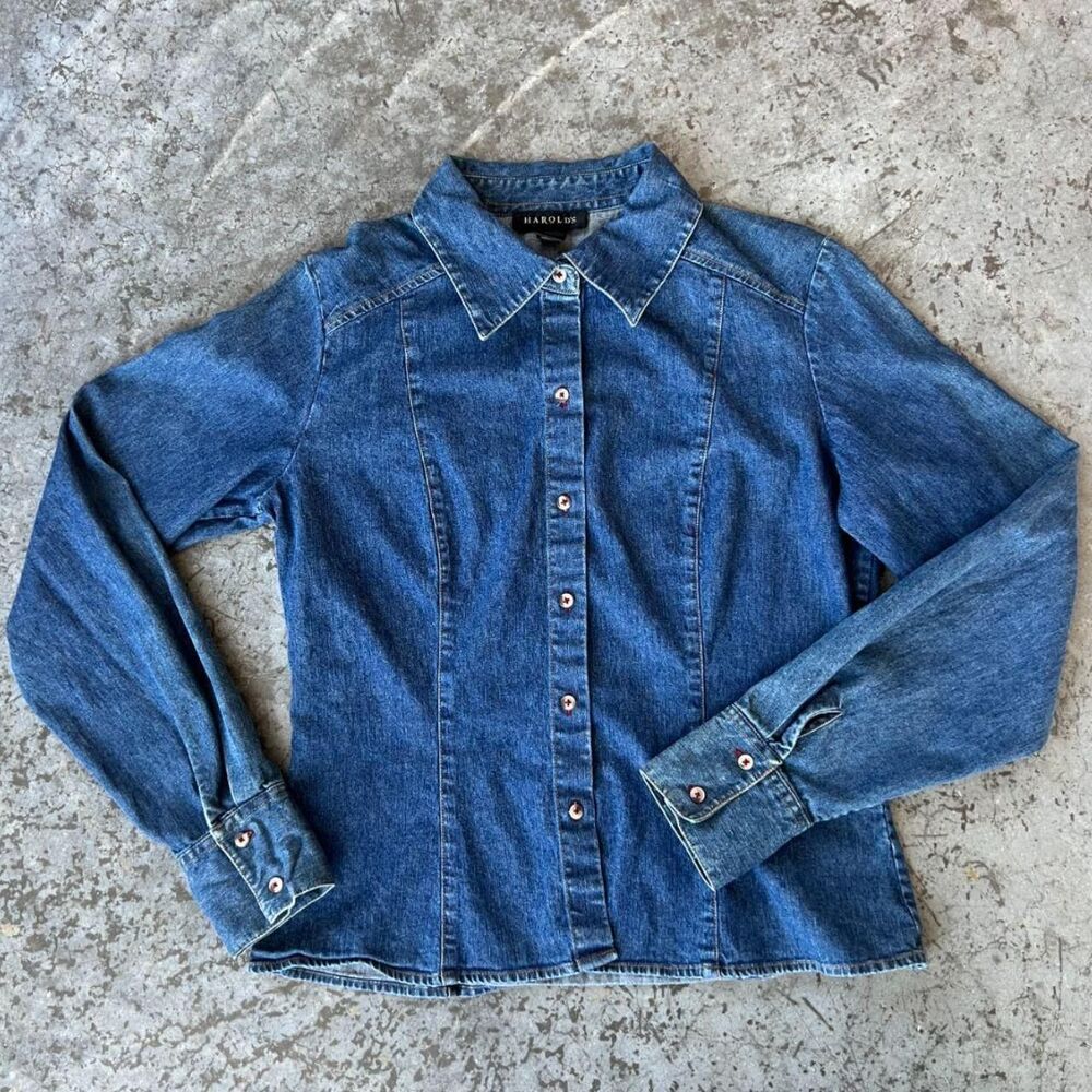 Harold’s Vintage Tailored Denim Button Down Shirt Red Stitching Size 10